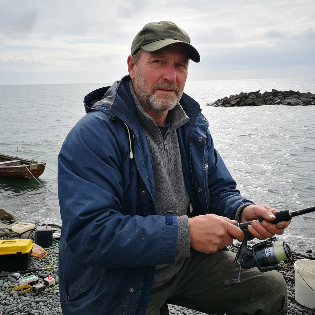 Portrait de Franck Delcour en action de pêche.